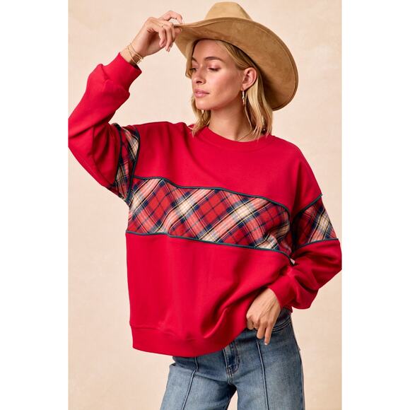 BIBI Red Black Christmas Plaid Block Sweatshirt with Binding NEW Medium - Picture 1 of 10